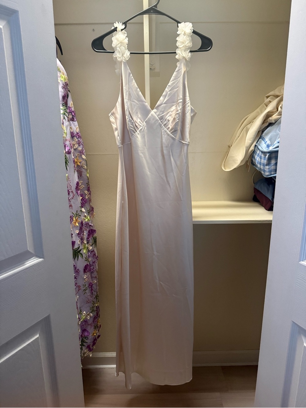 Satin Maxi Slip Dress with Floral Strap Detail - Cream